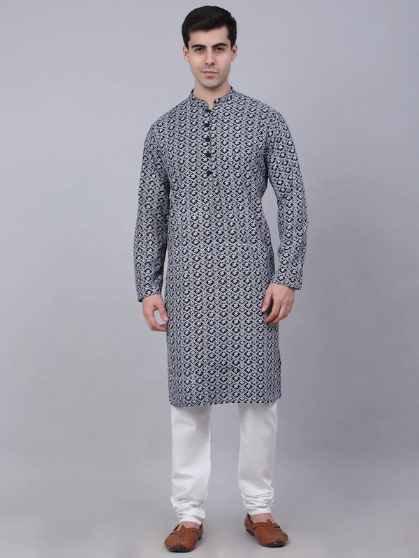 Men's Navy Blue & White embroidered Straight Kurta Pyjama Set ( JOKP 626 Navy )