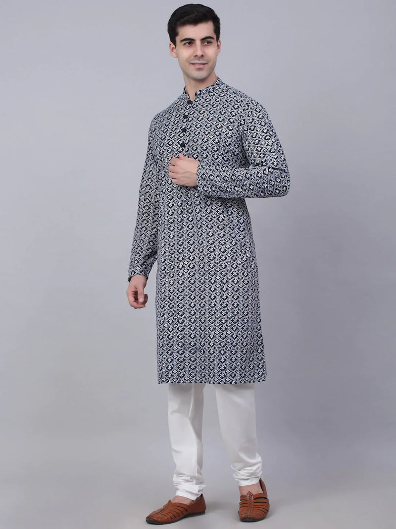 Men's Navy Blue & White embroidered Straight Kurta Pyjama Set ( JOKP 626 Navy )