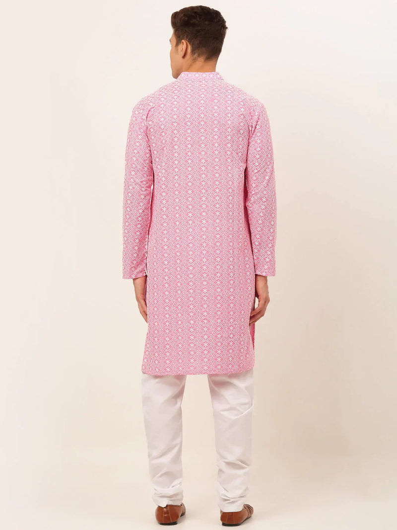 Men's Pink & White Embroidered Straight Kurta Pyjama Set ( JOKP 626 Pink )