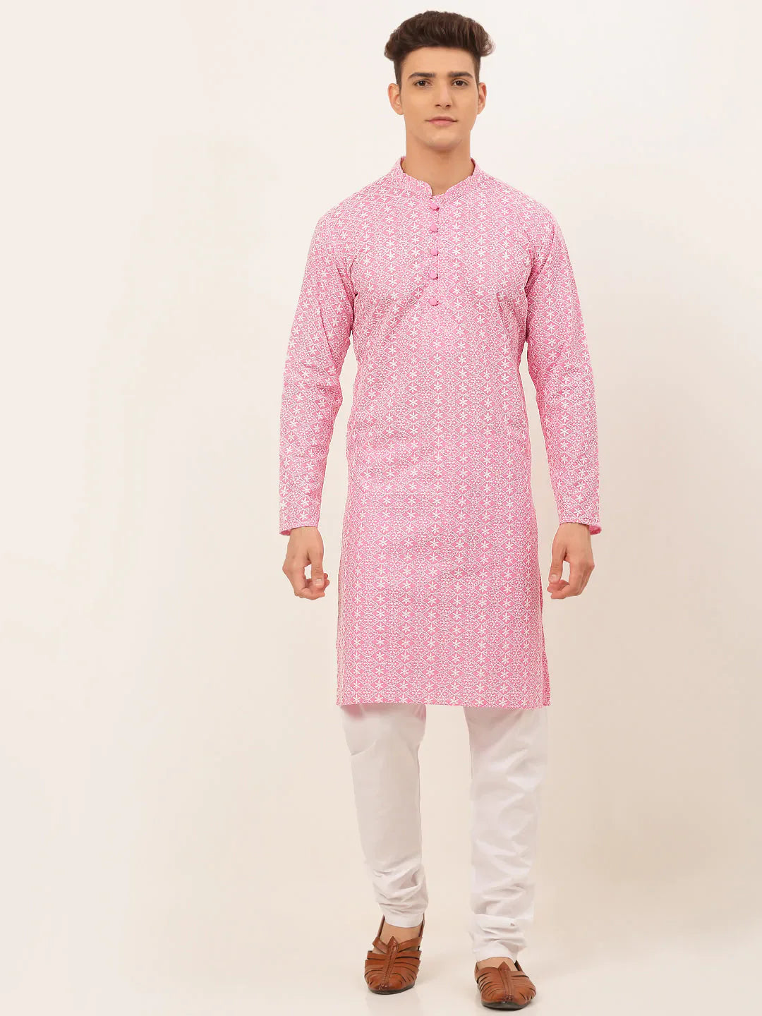 Men's Pink & White Embroidered Straight Kurta Pyjama Set ( JOKP 626 Pink )