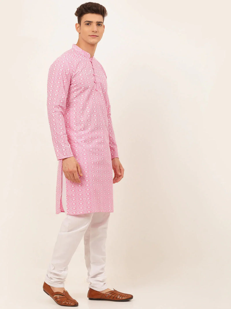 Men's Pink & White Embroidered Straight Kurta Pyjama Set ( JOKP 626 Pink )