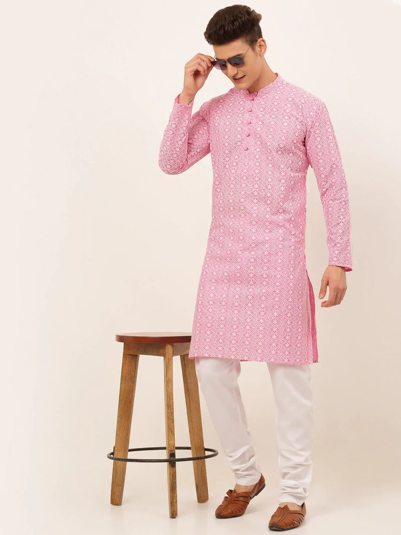 Men's Pink & White Embroidered Straight Kurta Pyjama Set ( JOKP 626 Pink )