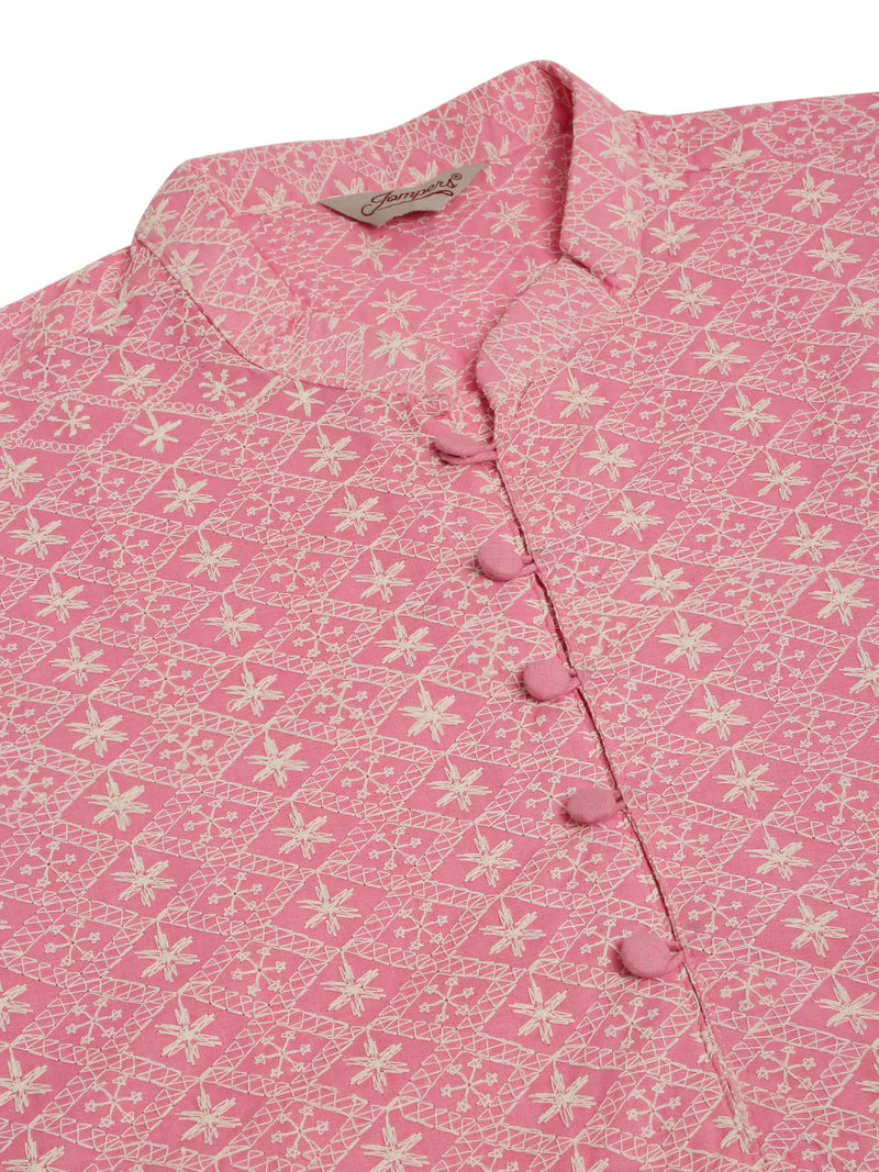 Men's Pink & White Embroidered Straight Kurta Pyjama Set ( JOKP 626 Pink )