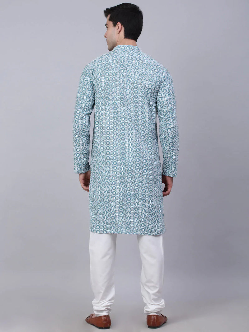 Men's Teal Blue & White embroidered Straight Kurta Pyjama Set ( JOKP 626 Teal )