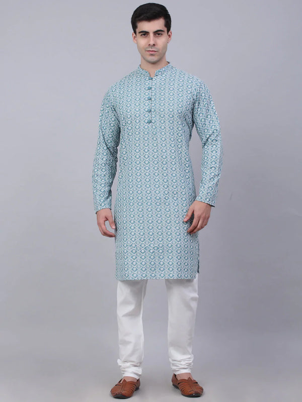 Men's Teal Blue & White embroidered Straight Kurta Pyjama Set ( JOKP 626 Teal )