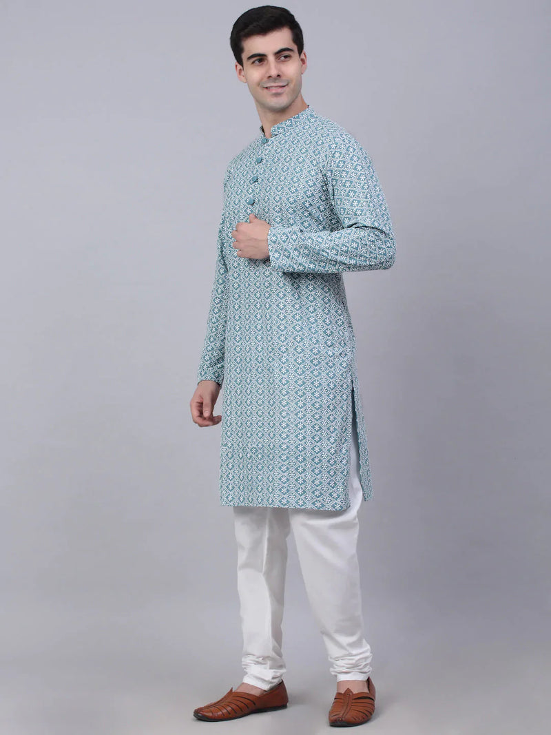 Men's Teal Blue & White embroidered Straight Kurta Pyjama Set ( JOKP 626 Teal )