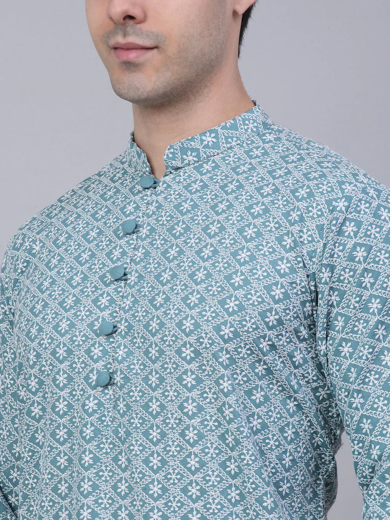 Men's Teal Blue & White embroidered Straight Kurta Pyjama Set ( JOKP 626 Teal )