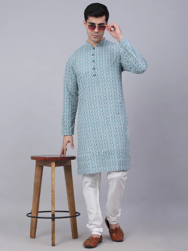 Men's Teal Blue & White embroidered Straight Kurta Pyjama Set ( JOKP 626 Teal )