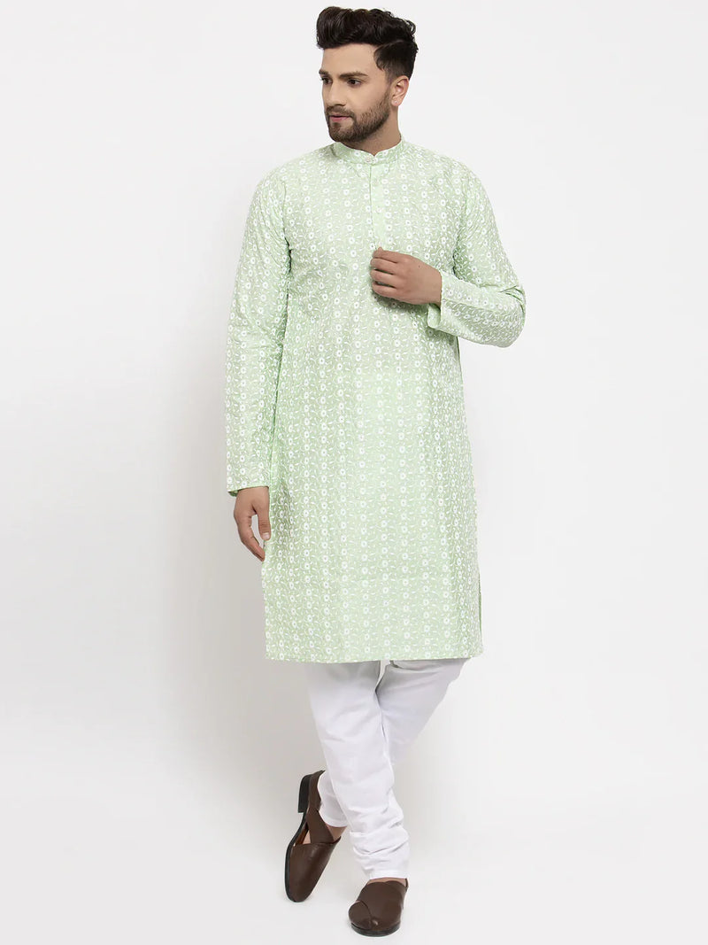 Jompers Men Mint Green Embroidered Kurta with Pyjamas ( JOKP 633 Green )