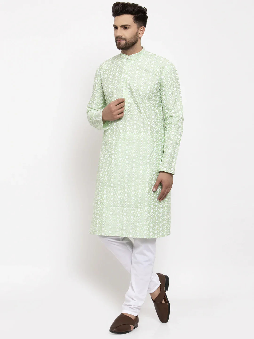 Jompers Men Mint Green Embroidered Kurta with Pyjamas ( JOKP 633 Green )