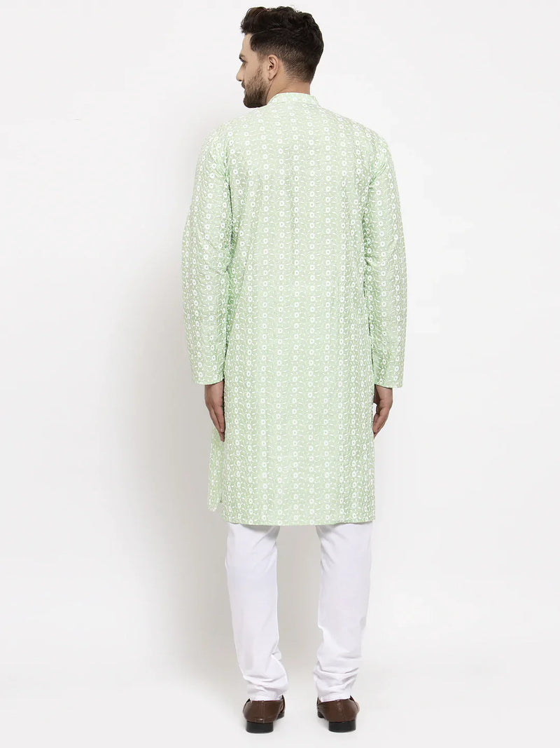 Jompers Men Mint Green Embroidered Kurta with Pyjamas ( JOKP 633 Green )