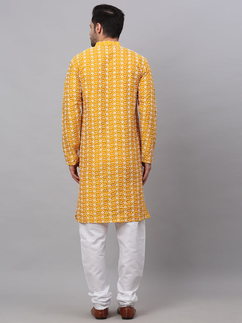 Jompers Men Mustard Embroidered Kurta with Pyjamas ( JOKP 633Mustard )