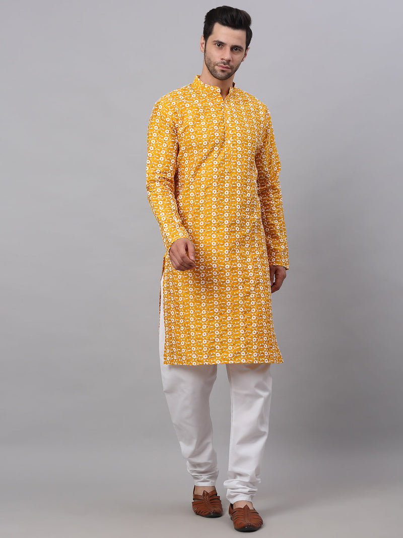 Jompers Men Mustard Embroidered Kurta with Pyjamas ( JOKP 633Mustard )