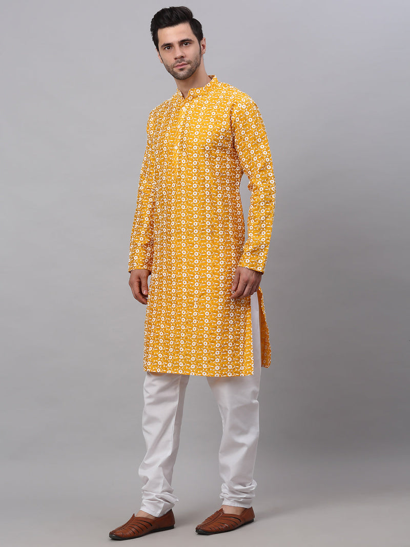 Jompers Men Mustard Embroidered Kurta with Pyjamas ( JOKP 633Mustard )