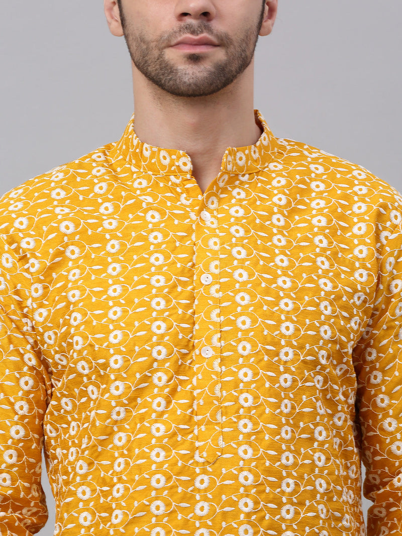 Jompers Men Mustard Embroidered Kurta with Pyjamas ( JOKP 633Mustard )