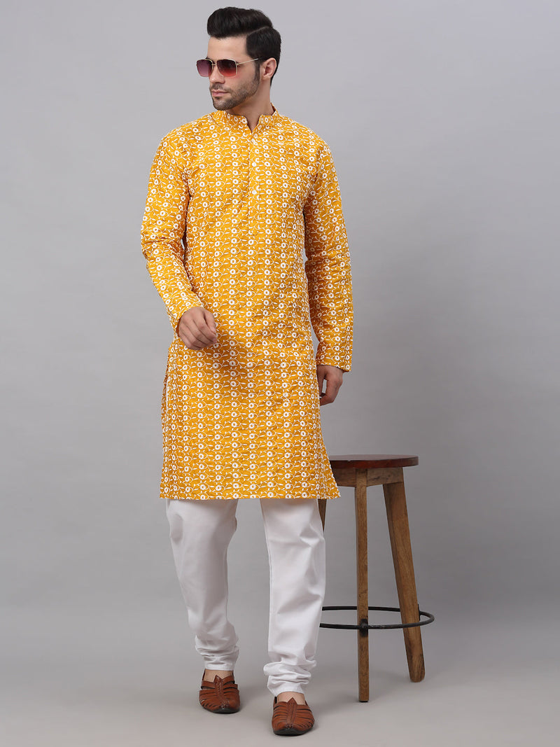 Jompers Men Mustard Embroidered Kurta with Pyjamas ( JOKP 633Mustard )