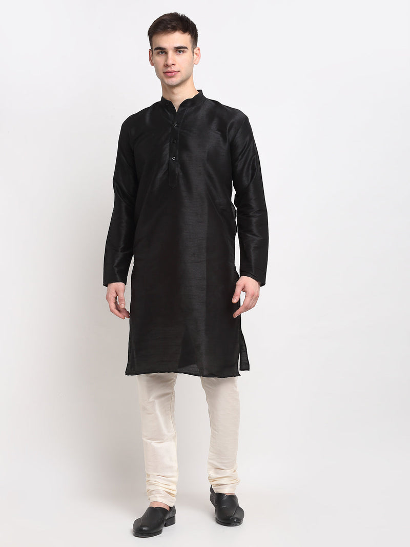 Jompers Men's Black Solid Dupion Silk Kurta Only