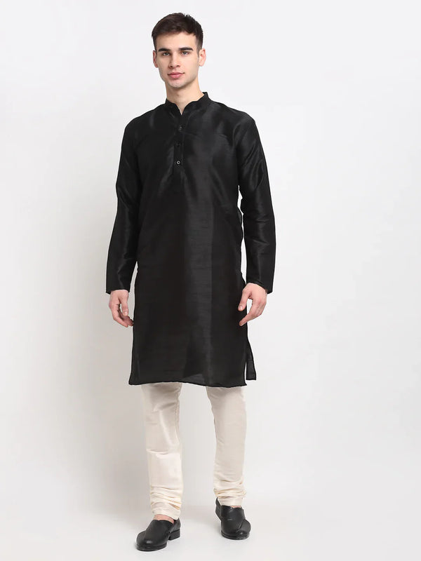 Jompers Men's Black Solid Dupion Silk Kurta Payjama Set ( JOKP 636 Black )