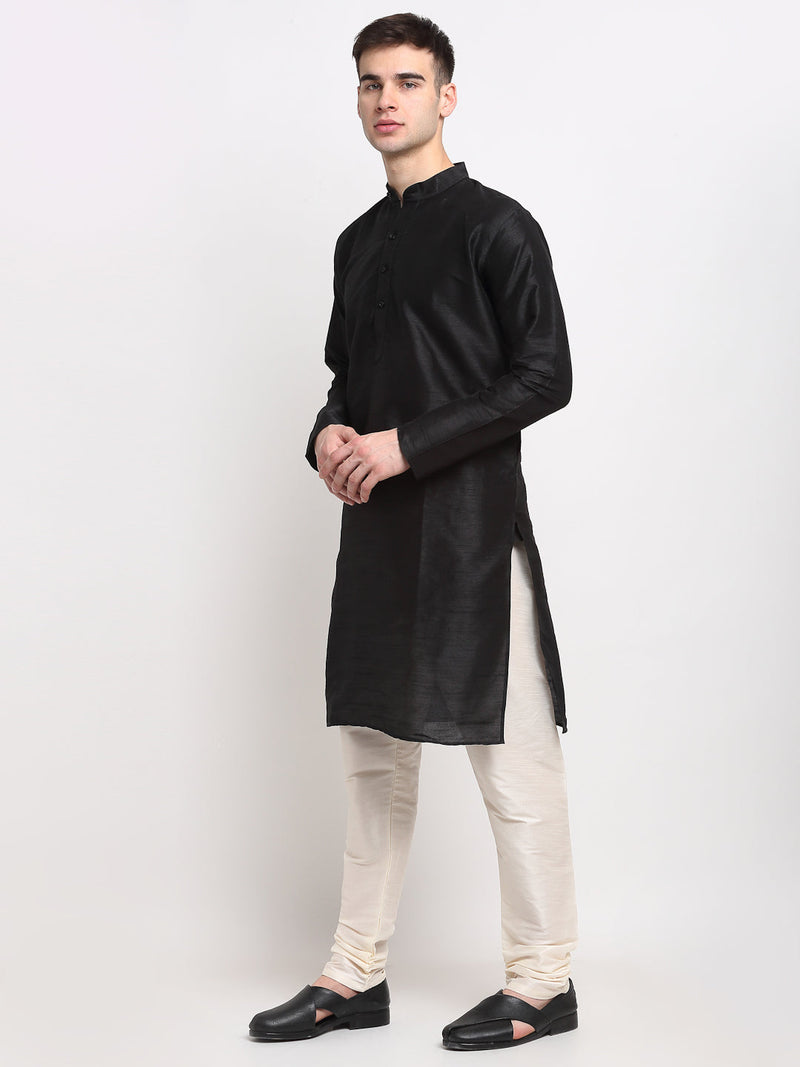 Jompers Men's Black Solid Dupion Silk Kurta Only