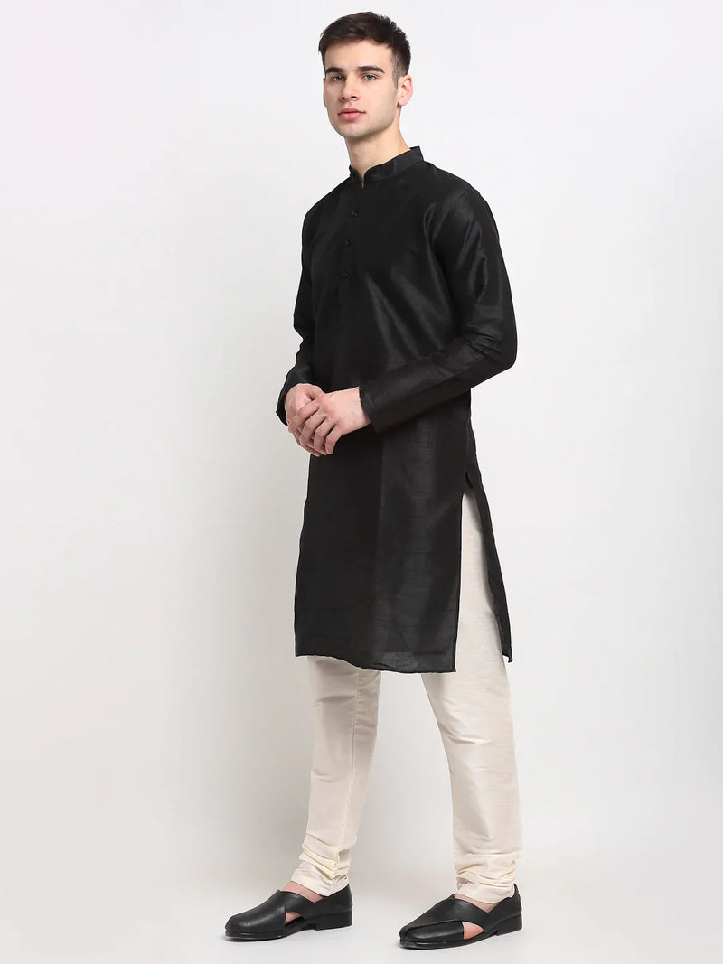 Jompers Men's Black Solid Dupion Silk Kurta Payjama Set ( JOKP 636 Black )