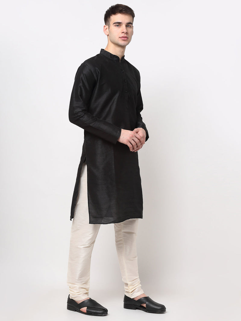 Jompers Men's Black Solid Dupion Silk Kurta Payjama Set