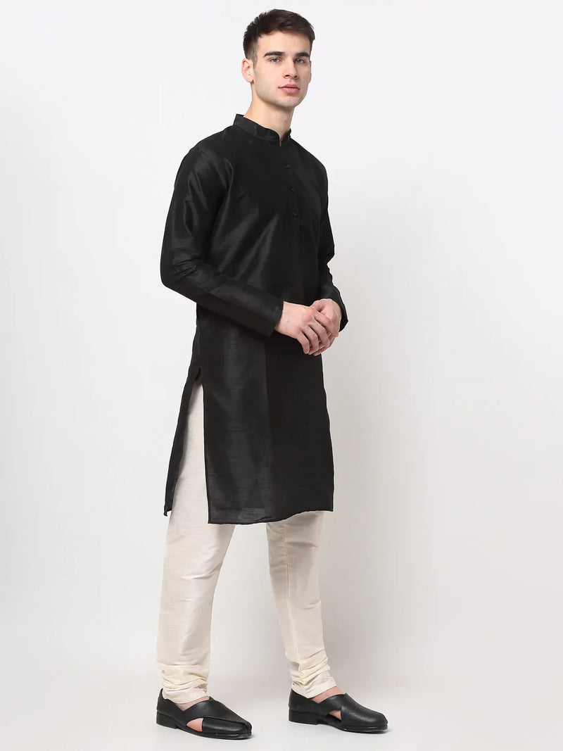 Jompers Men's Black Solid Dupion Silk Kurta Payjama Set ( JOKP 636 Black )