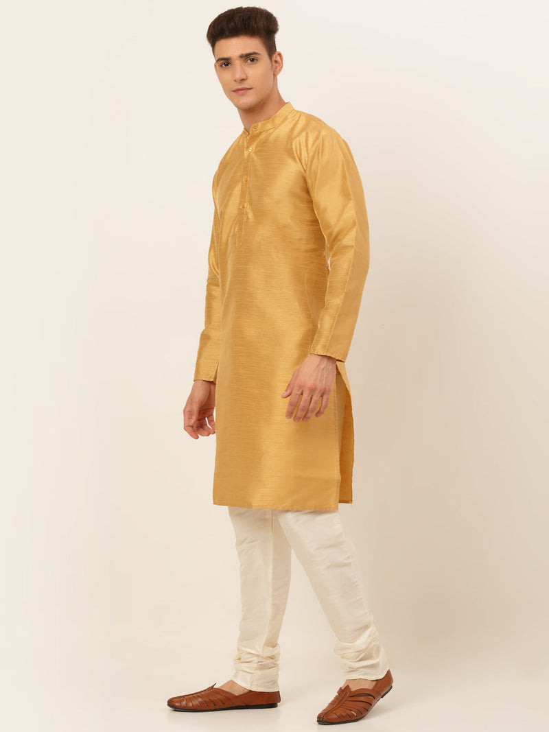 Jompers Men's Solid Dupion Silk Kurta Payjama Set ( JOKP 636Dark-Golden )