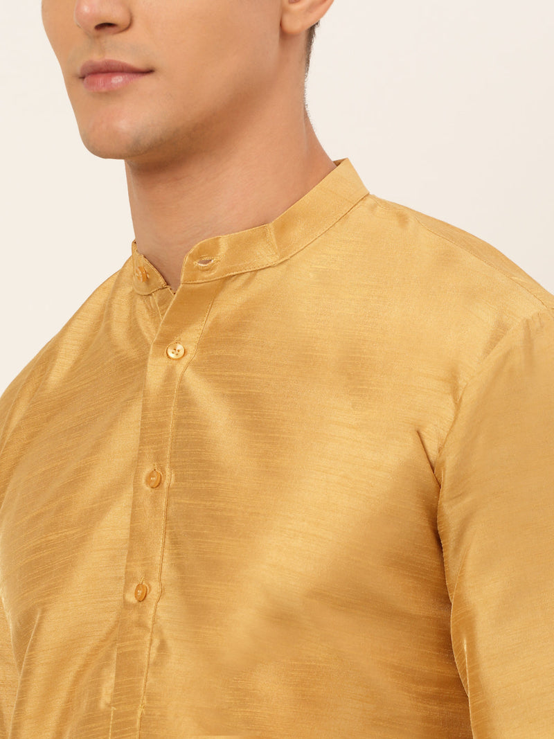 Jompers Men's Solid Dupion Silk Kurta Payjama Set ( JOKP 636Dark-Golden )