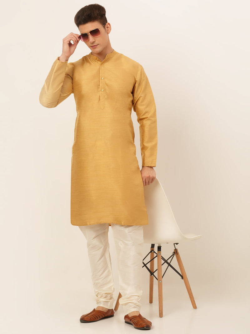 Jompers Men's Solid Dupion Silk Kurta Payjama Set ( JOKP 636Dark-Golden )