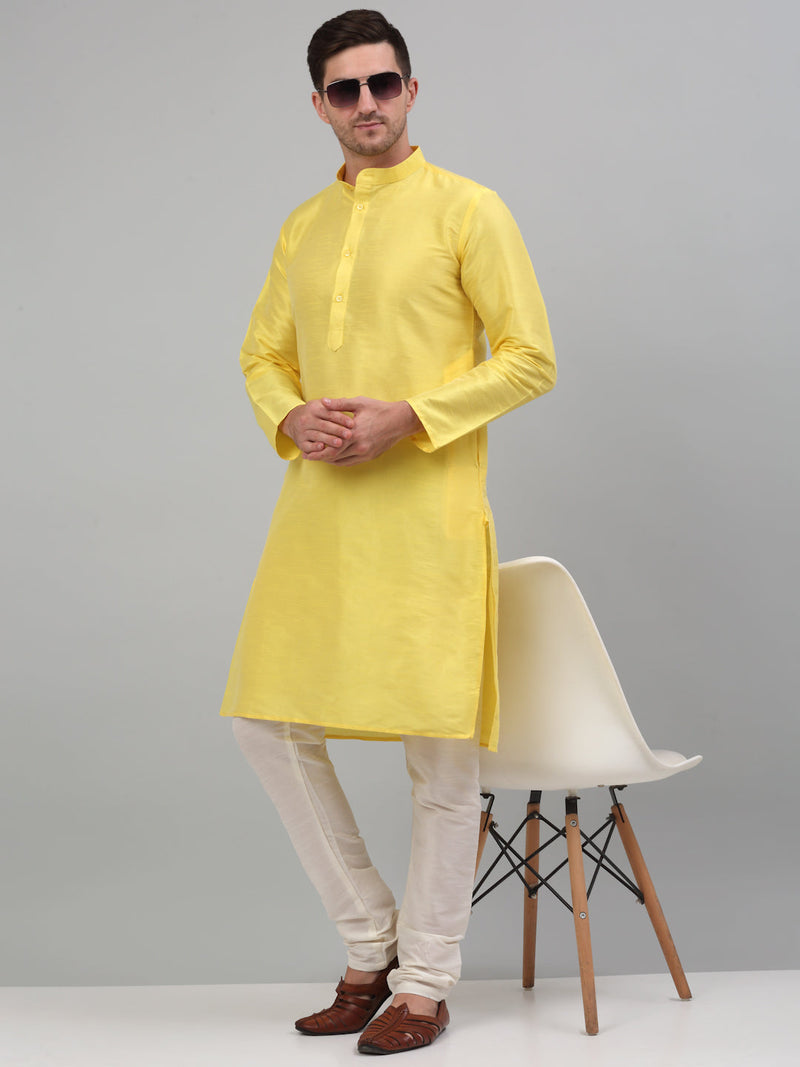 Men Lemon Yellow Dupion Silk Kurta with Churidar