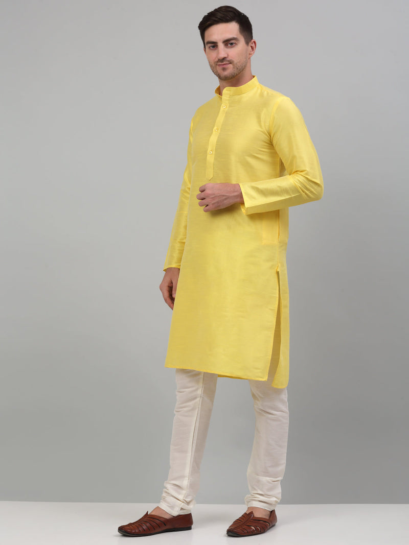 Men Lemon Yellow Dupion Silk Kurta with Churidar