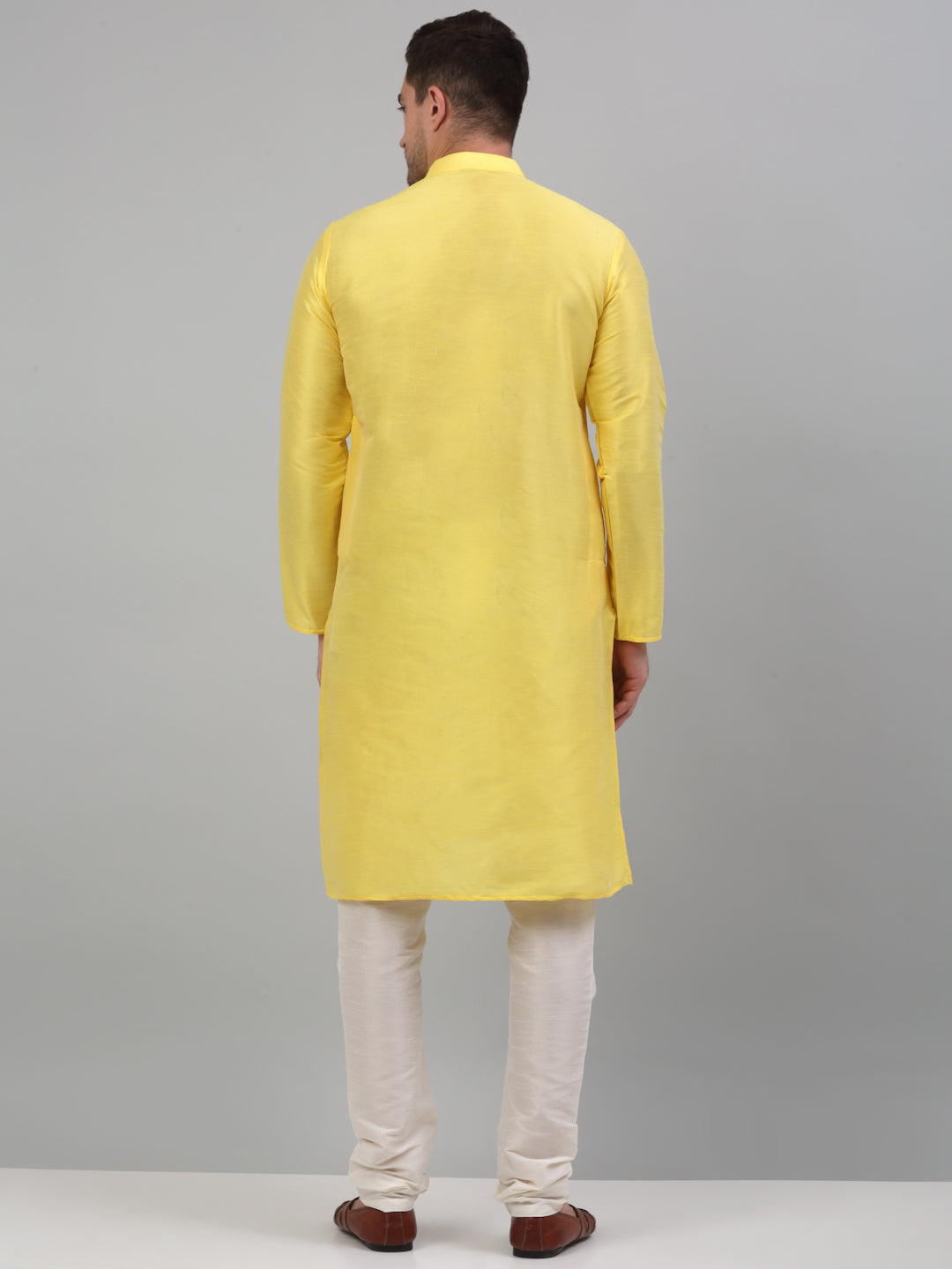 Men Lemon Yellow Dupion Silk Kurta with Churidar