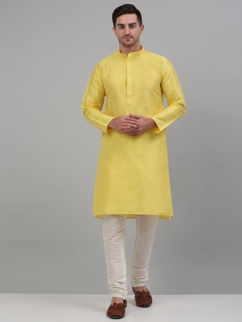 Men Lemon Yellow Dupion Silk Kurta with Churidar