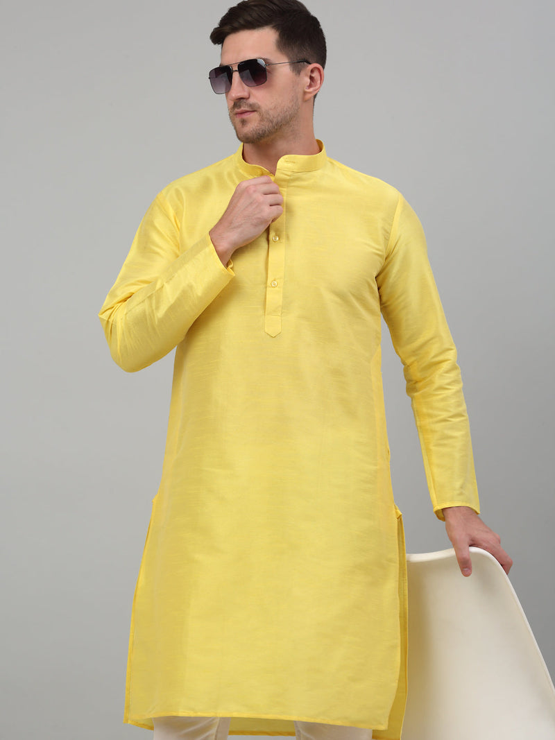 Men Lemon Yellow Dupion Silk Kurta with Churidar