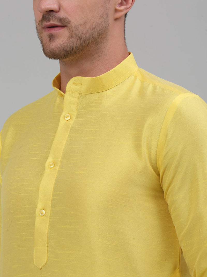 Men Lemon Yellow Dupion Silk Kurta with Churidar