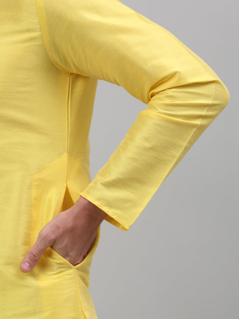 Men Lemon Yellow Dupion Silk Kurta with Churidar