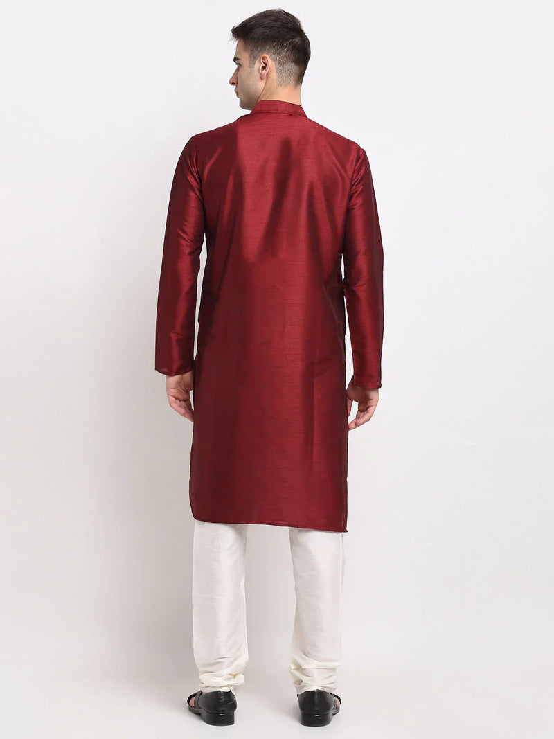 Jompers Men's Maroon Solid Dupion Silk Kurta Payjama Set ( JOKP 636 Maroon )