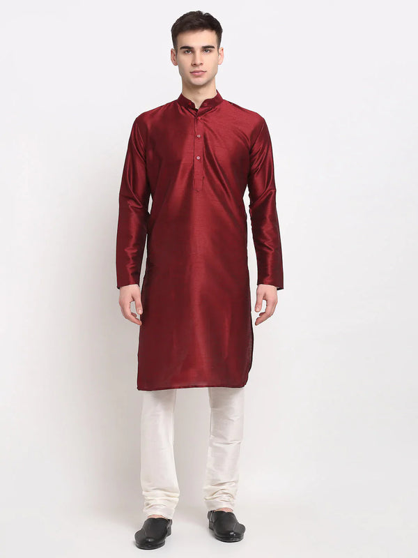 Jompers Men's Maroon Solid Dupion Silk Kurta Payjama Set ( JOKP 636 Maroon )