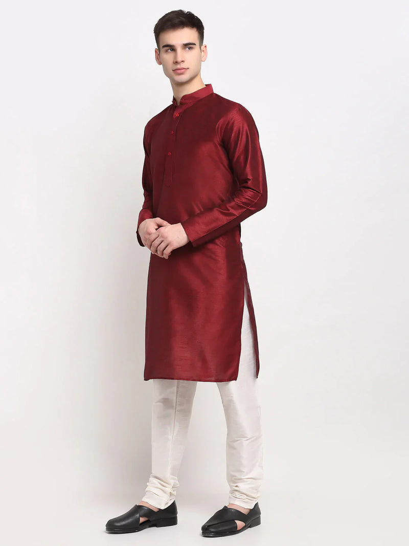 Jompers Men's Maroon Solid Dupion Silk Kurta Payjama Set ( JOKP 636 Maroon )