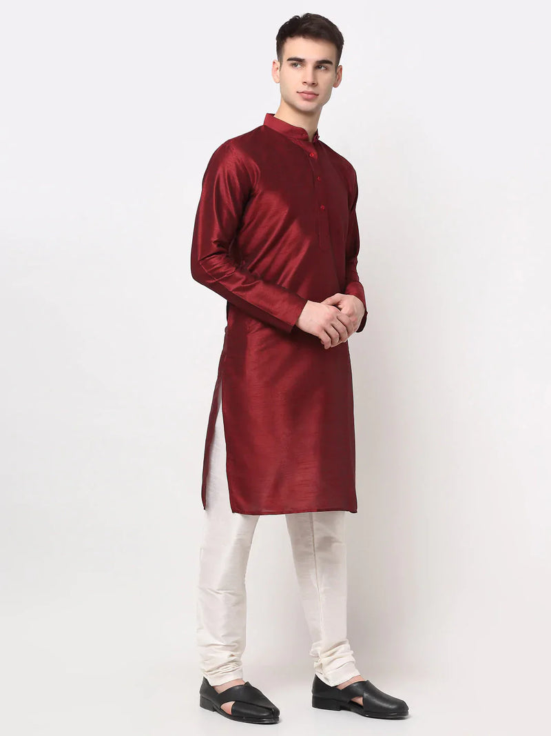 Jompers Men's Maroon Solid Dupion Silk Kurta Payjama Set ( JOKP 636 Maroon )