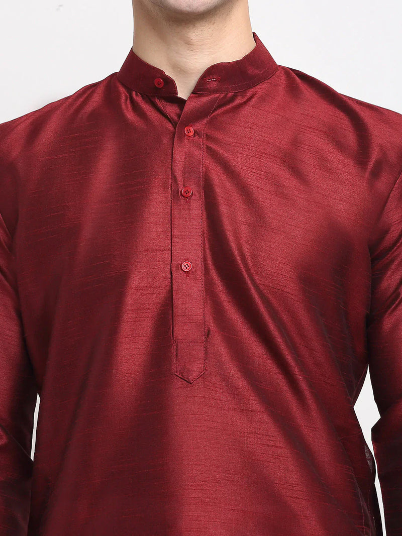 Jompers Men's Maroon Solid Dupion Silk Kurta Payjama Set ( JOKP 636 Maroon )