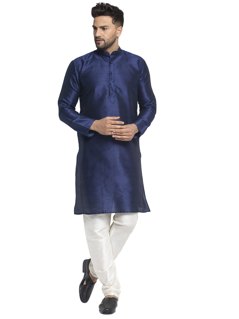 Jompers Men's Navy Solid Dupion Silk Kurta Only