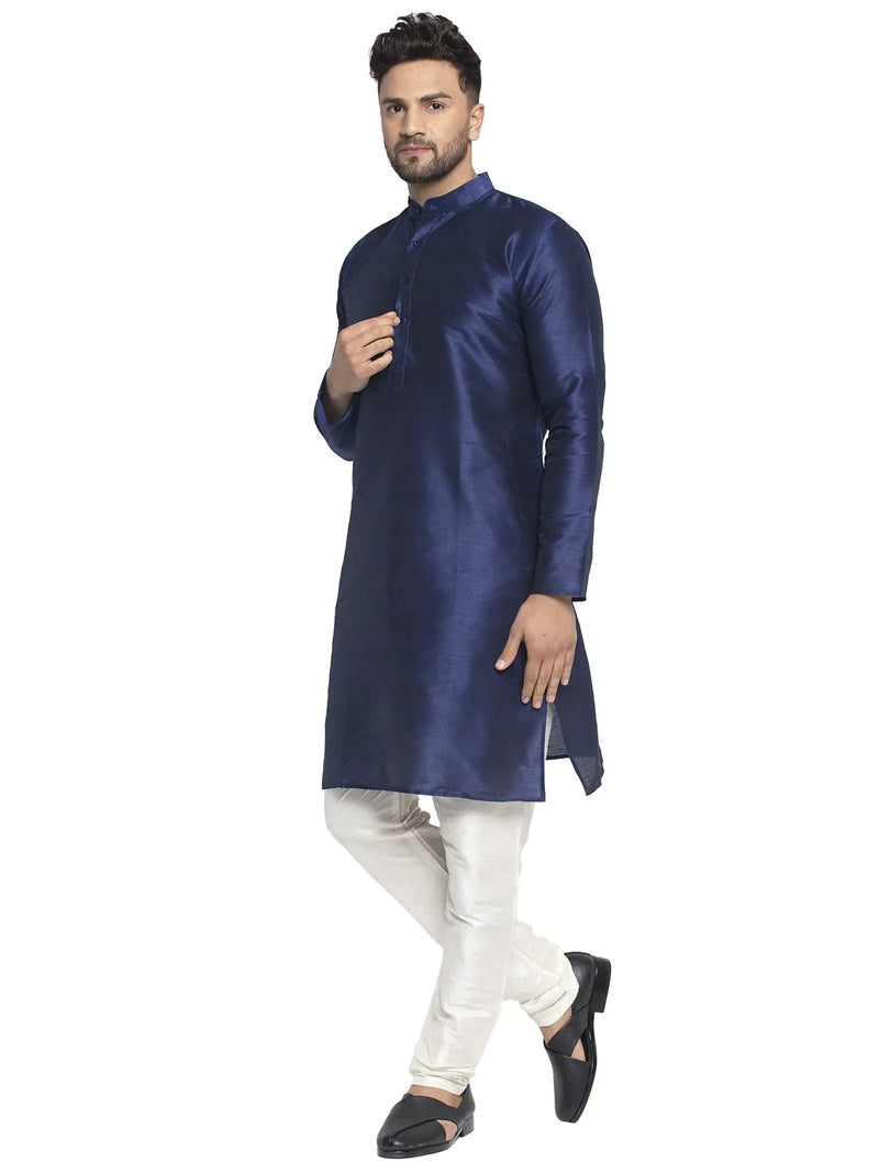 Jompers Men's Navy Solid Dupion Silk Kurta Payjama Set ( JOKP 636 Navy )