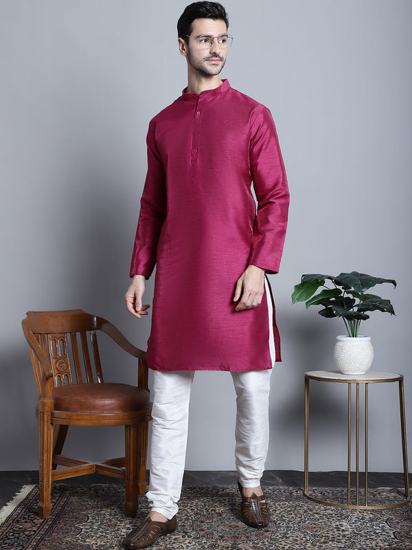 Men Purple Dupion Silk Kurta with Churidar