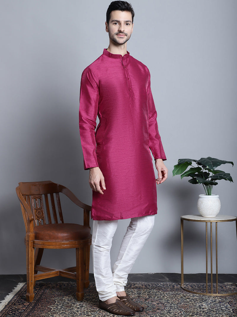 Men Purple Dupion Silk Kurta with Churidar