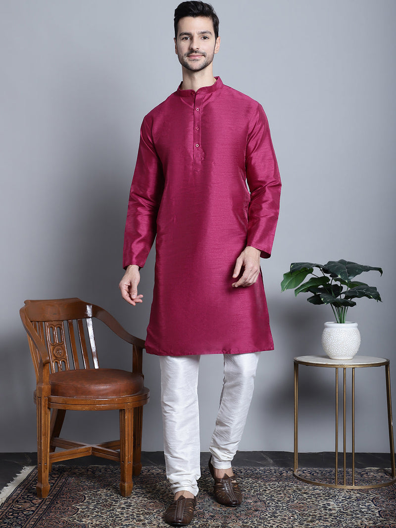 Men Purple Dupion Silk Kurta with Churidar