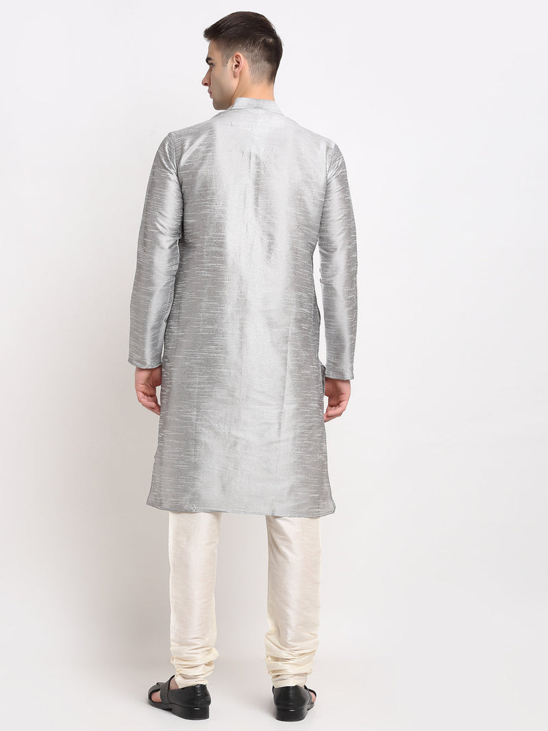 Jompers Men's Silver Solid Dupion Silk Kurta Only