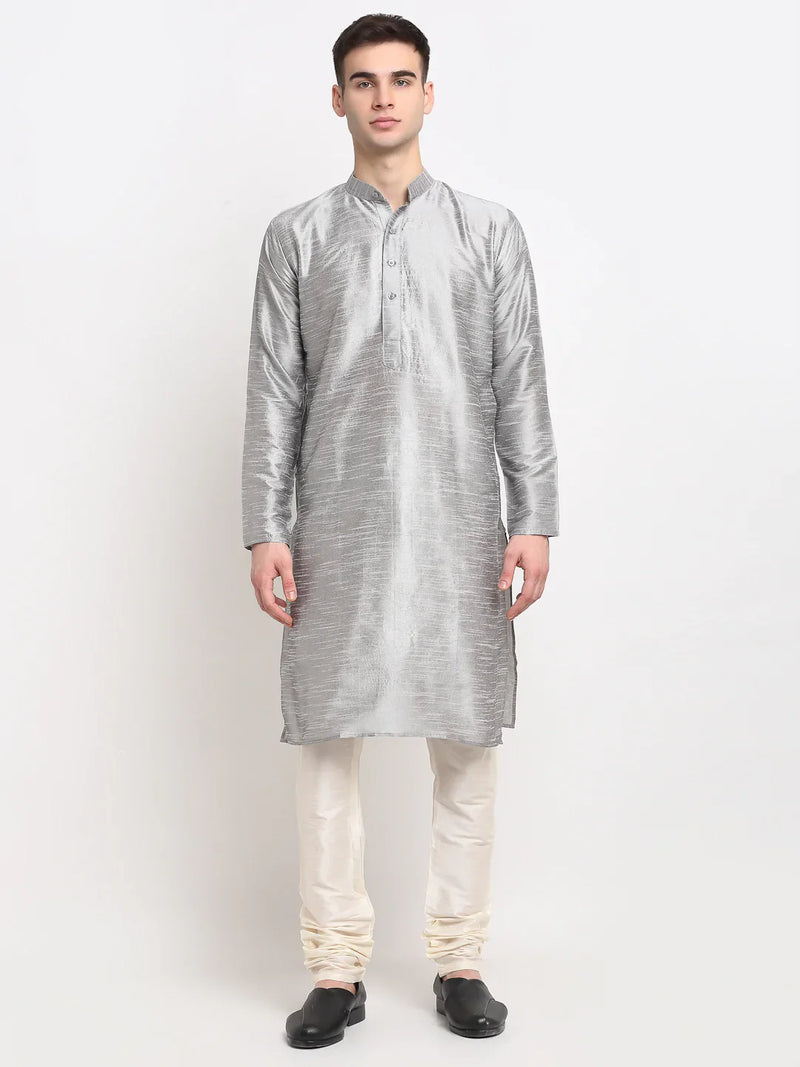 Jompers Men's Silver Solid Dupion Silk Kurta Payjama Set ( JOKP 636 Silver )