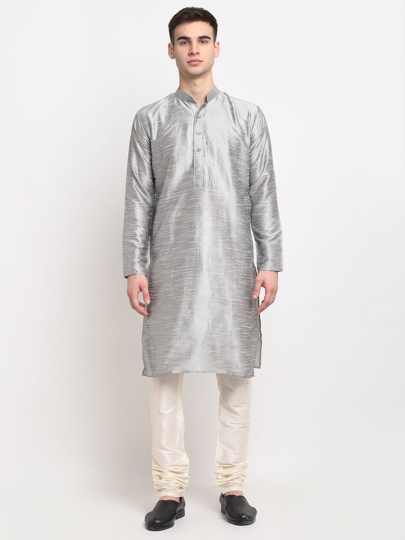 Jompers Men's Silver Solid Dupion Silk Kurta Payjama Set