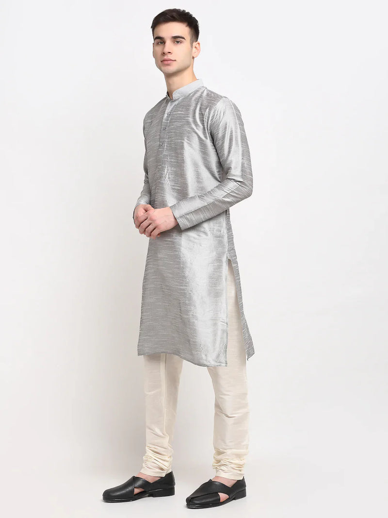 Jompers Men's Silver Solid Dupion Silk Kurta Payjama Set ( JOKP 636 Silver )